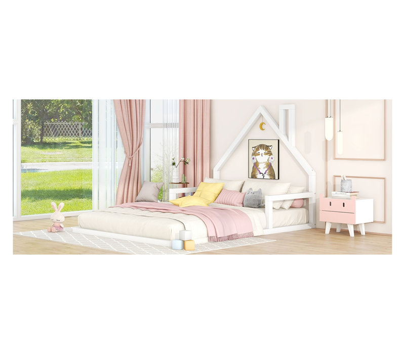 Structure de lit double Montessori avec tête de lit en forme de maison, lit plateforme bas en bois massif pour enfants, blanc