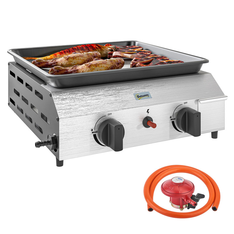 Outsunny Gas Plancha Barbecue Grill with 2 Burners, 4.8kW, Silver