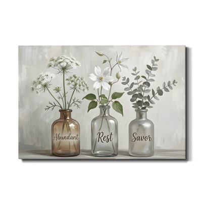 Décoration murale traditionnelle sur toile « Repos et plaisir abondants » avec vases étiquetés, 61 x 91 cm (24 x 36 pouces), impression sur châssis, style ferme aux tons chauds, idéale pour la cuisine, la salle à manger et le couloir d'un chalet.