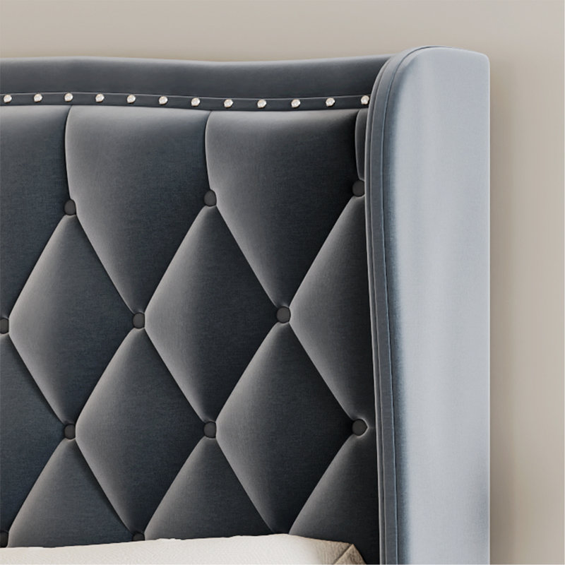Mirabai Upholstered Metal Wingback Bed, Full, Light Blue