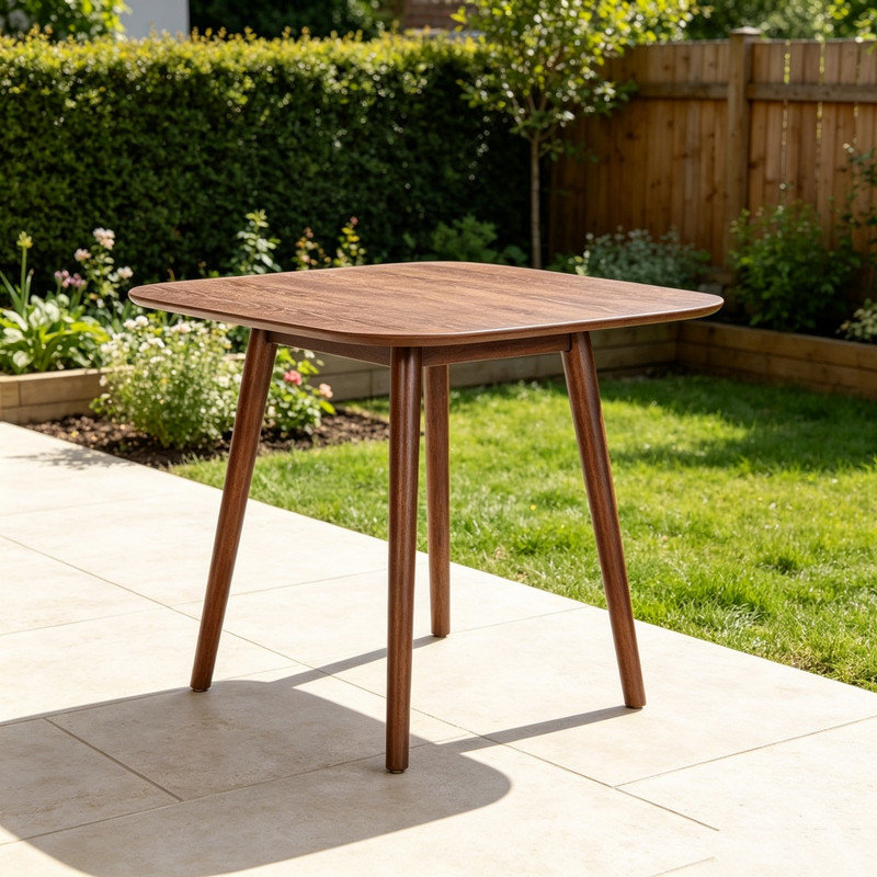 Table de salle à manger carrée de style moderne du milieu du siècle avec bord arrondi, table de cuisine en bois brun noyer avec pieds fuselés et évasés pour 2 à 4 personnes