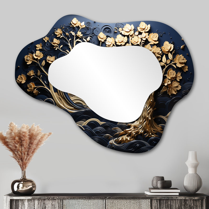 Gold and Blue Coastal Ambiance II - Tree Asymmetrical Large Mirror, Modern Cloud Unique Wall Mirror Decor, Printed Metal Art