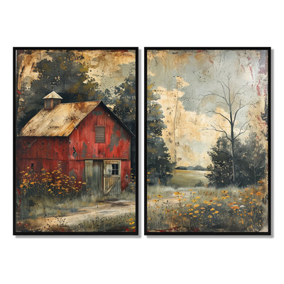 Ensemble de 2 granges campagnardes vintage rouge et gris d'hiver