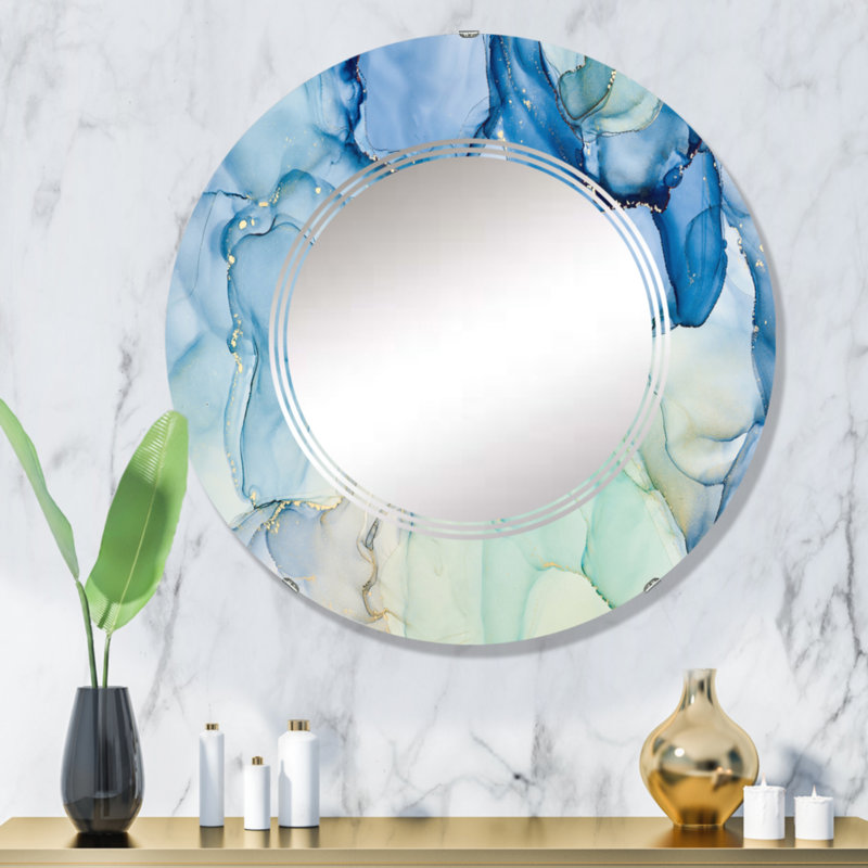 Bleu luxueux abstrait fluide Art XXV - miroir mural moderne rond, 32 po x 32 po