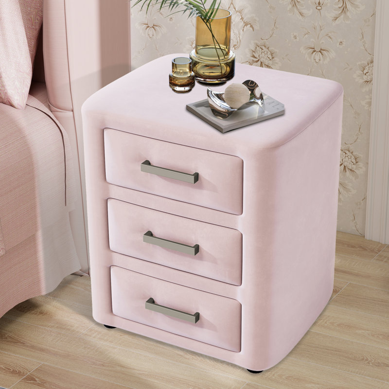 Table de chevet 3 tiroirs en velours, Rose