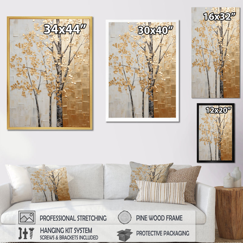 Minimalisme Golden Trees Harmony II - arbres, art mural, Cadre simple noir, H 40 po x l 30 po x P 1,5 po