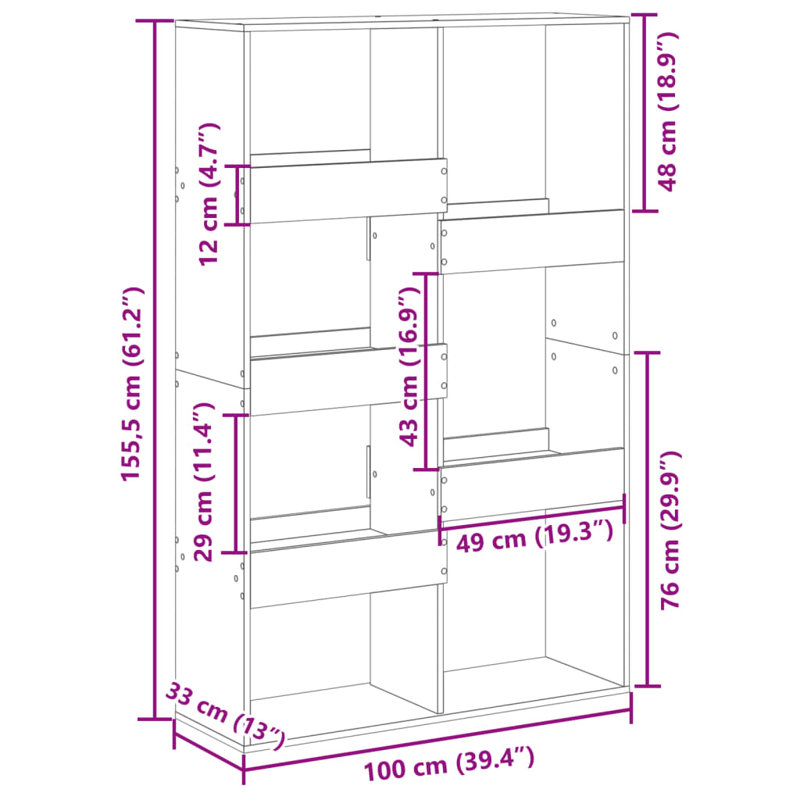 Amiliah 100cm W Bookcase, Concrete grey, 155.5cm H x 100cm W x 33cm D