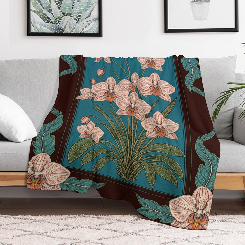 Plaid en flanelle de luxe à motif d'orchidées, doux et chaud, idéal pour le salon, le canapé ou le lit. Décoration intérieure.