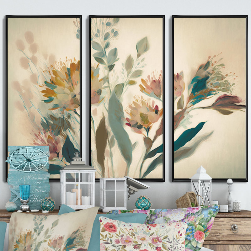 Fleurs sauvages en couleurs rétro délavées I - ensemble d'art mural sur toile florale, Noir, H 28 po x l 36 po x P 1 po