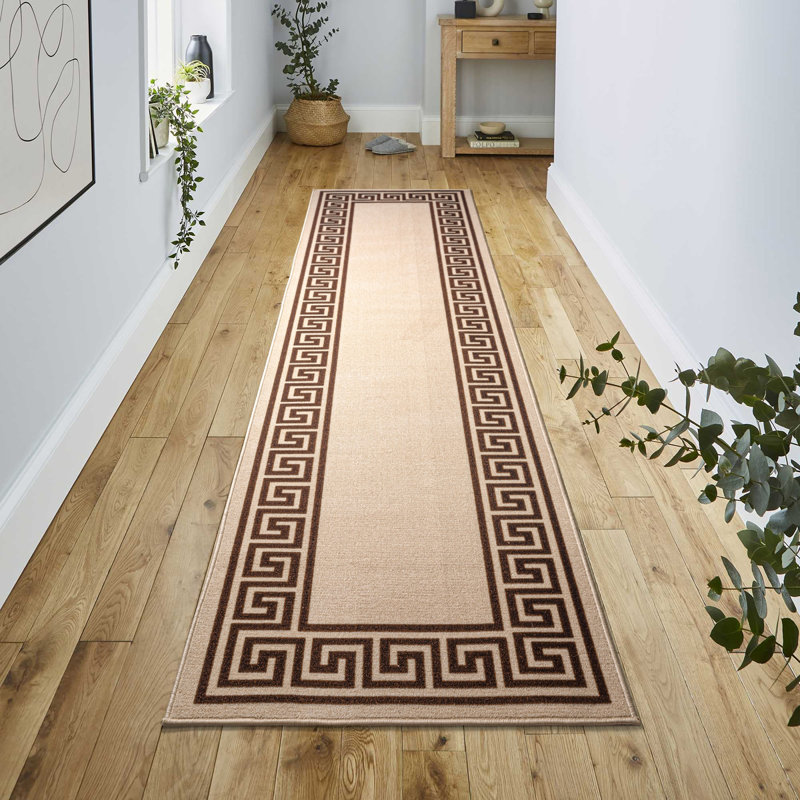 Greek-Key Beige Brown Non-Slip Polypropylene Area Rug — Washable Door Mat & Hallway Runner for Living Room, Kitchen & Bedroom