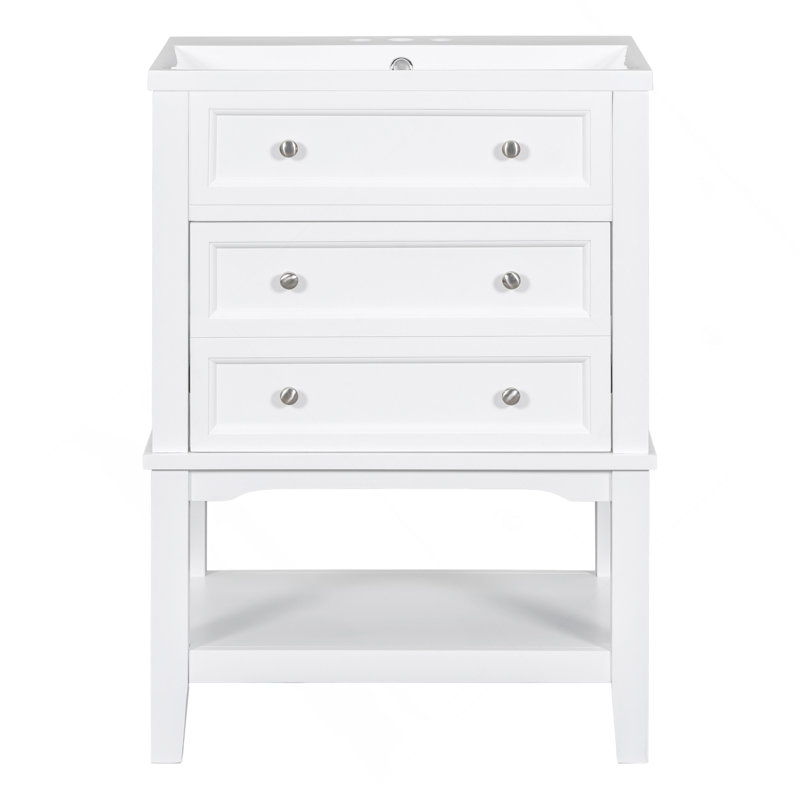 Meuble-lavabo 24 po avec lavabo, armoire de rangement avec tiroir et tablette ouverte, structure en bois massif, blanc