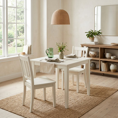 Ensemble de salle à manger rectangulaire 3 pièces en bois massif blanc lin avec rallonges et dossier à lattes