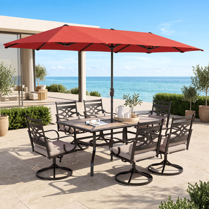 Ensemble de salle à manger rectangulaire pour 6 personnes 60 "avec coussins et parasol Leonard, Rouge