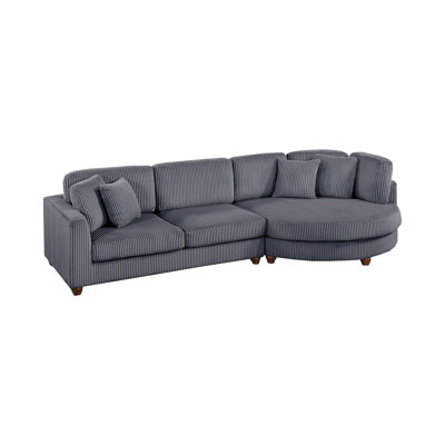 Contemporary 2Pc Sectional Set XL Plush Corduroy Fabric Dark Gray LAF Sofa RAF Round Chaise W Pillows Living Room Couch