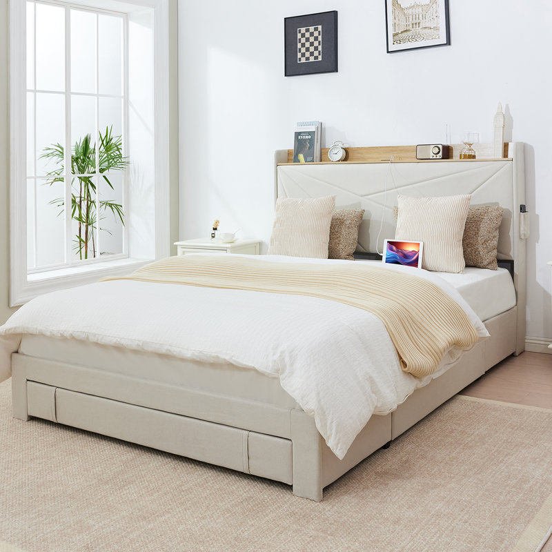 Grand lit ， Lit plateforme confortable avec tiroirs de rangement - Un mélange de confort, de fonctionnalité et de design chic, aucun sommier nécessaire, assemblage facile （Beige）