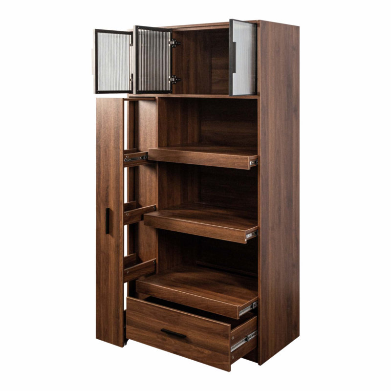 70.87 Inch Tall Kitchen Pantry Cabinet With Multi-Functional Pull-Out Shelves, Drawer, And Aluminum Frame Glass Door For Dining Room