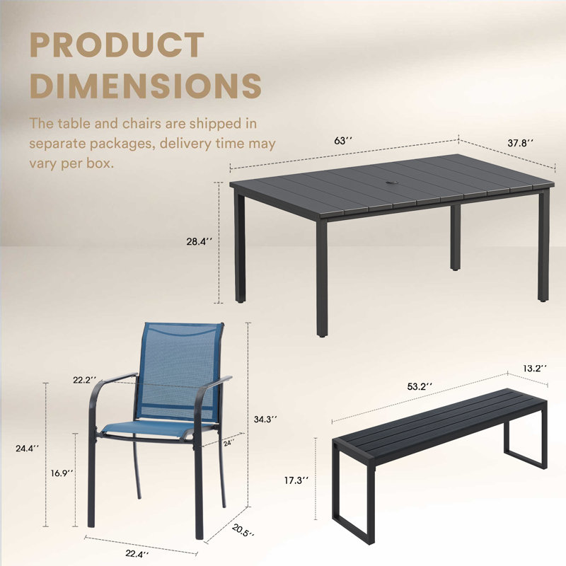 Rectangular Outdoor Dining Set With Bench, Blue, Black