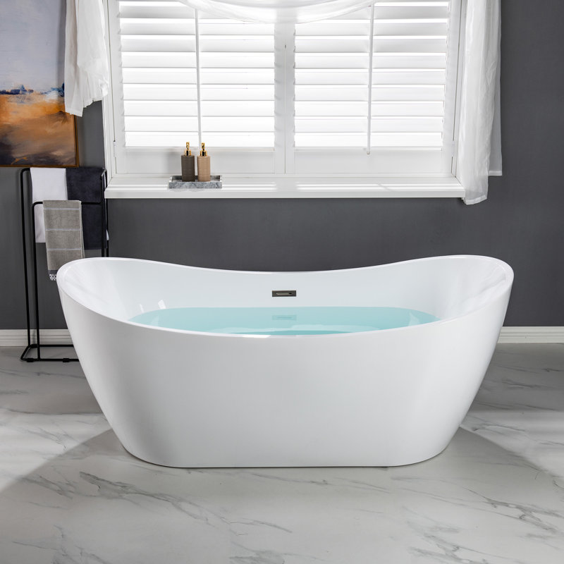 71" x 32" Freestanding Soaking Acrylic Bathtub, Brushed Nickel, White