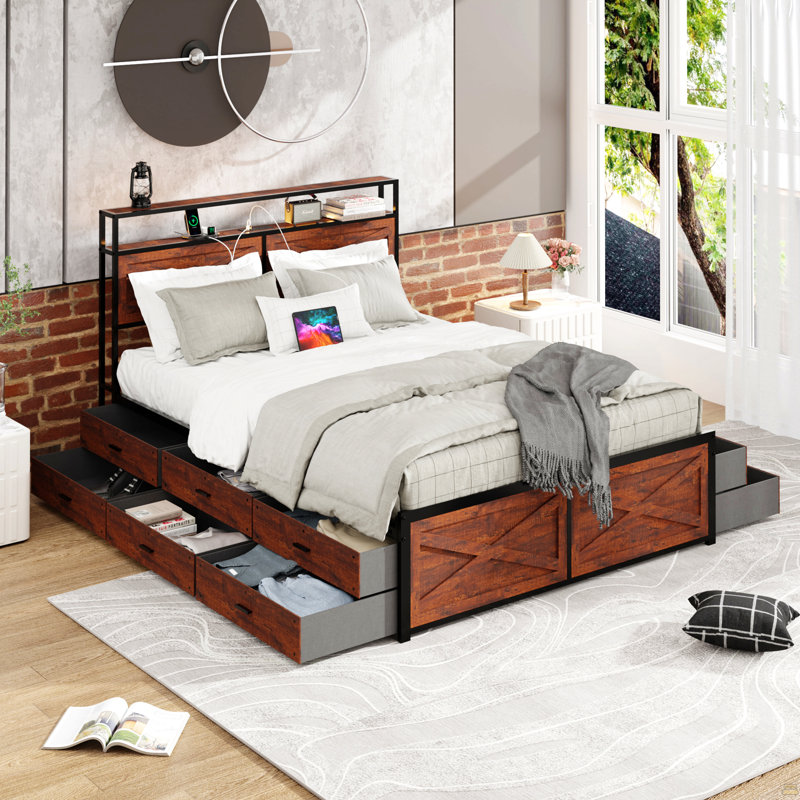 Queen Bed Frame With Storage Headboard And 12 Drawers LED Lights, Metal Platform Non-Slip Without Noise Mattress Foundation Strong Metal Slats