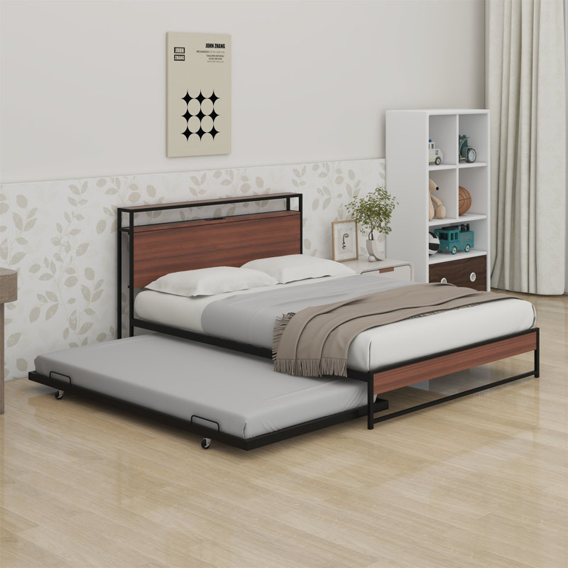 Base de lit plateforme en métal avec couchette, ports USB et support à lattes, Noir