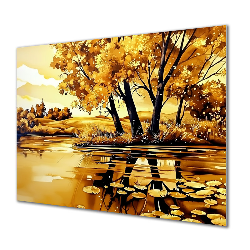 Golden Glow River In Autumn II - paysage, impression murale sur métal, H 16 po x l 32 po