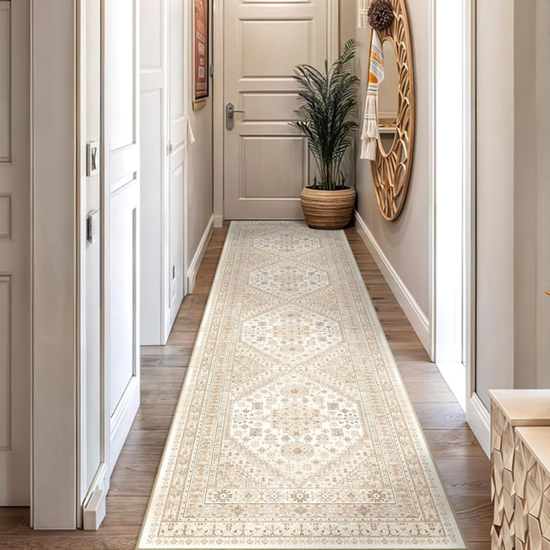 Medallion Non Slip Washable Rug(Cream), Runner 2' x 10'