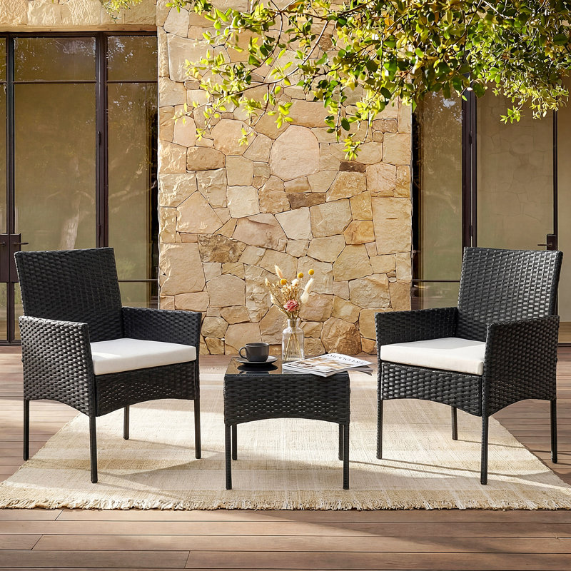 3 Piece All-Weather PE Rattan Outdoor Conversation Set with Glass Table & Cushions, Brown