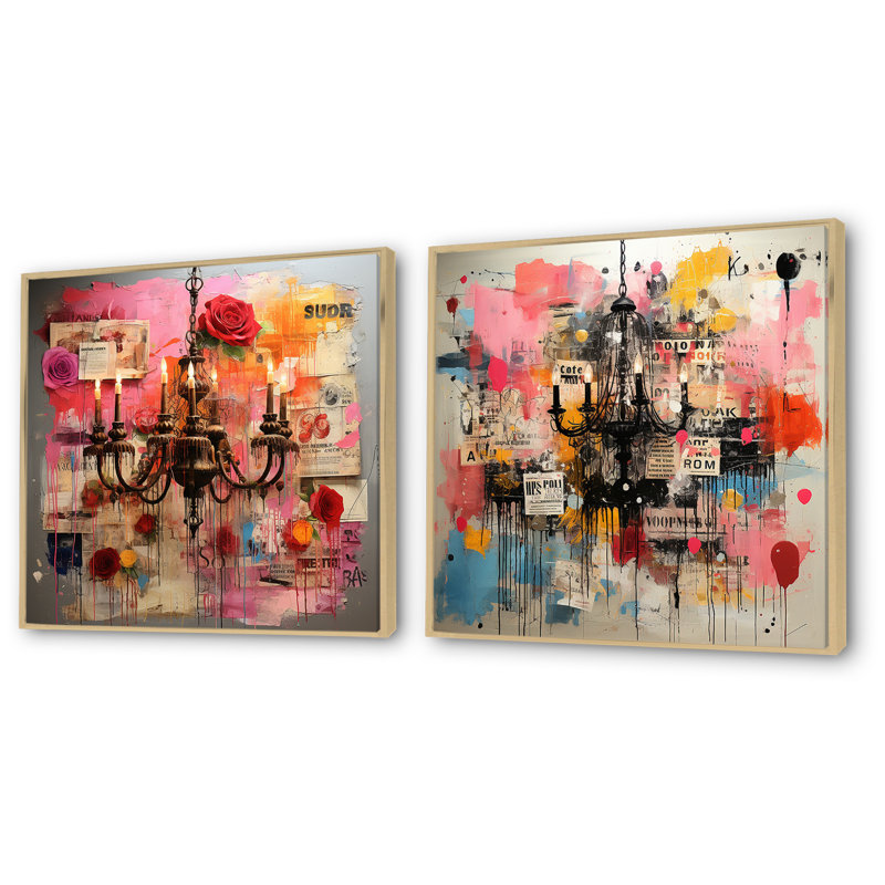 Lustre Pop Art en rose I - ensemble de 2 impressions sur toile lustre, Cadre flottant brun, H 30 po x l 61 po x P 1 po