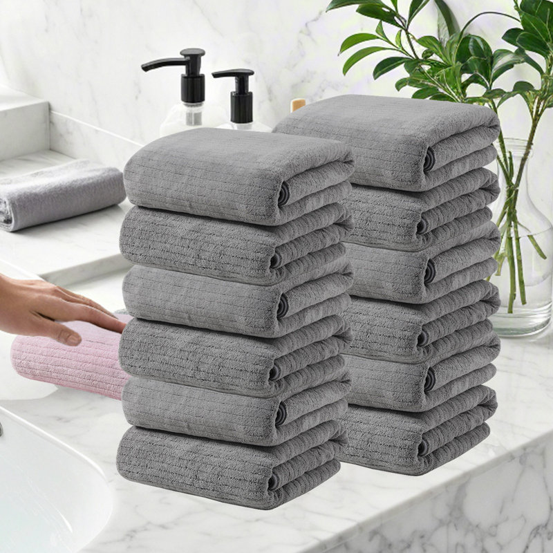 Soft Thick Absorbent 12 Piece Hand Towel Set, Polyester Fiber Towels For Bathroom Wash Face And Home Gift, 29.1x13.4in Gray