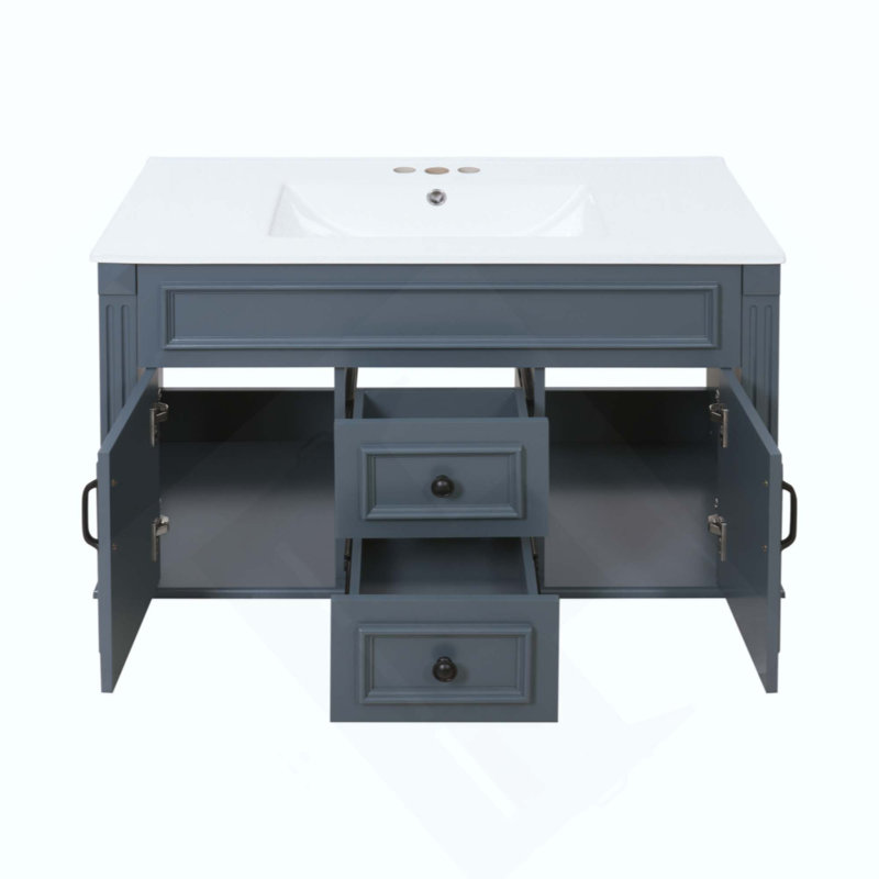 Armoire de salle de bain murale avec lavabo en céramique et tiroirs, meuble-lavabo simple de style français avec charnières à fermeture douce