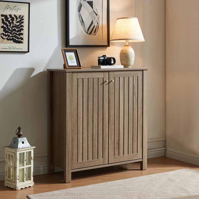 Dark Taupe Shoe Storage Cabinet, Vented Slat Doors, 4 Shelf Space, Metal Organizer Two Shelves, Knob Handles