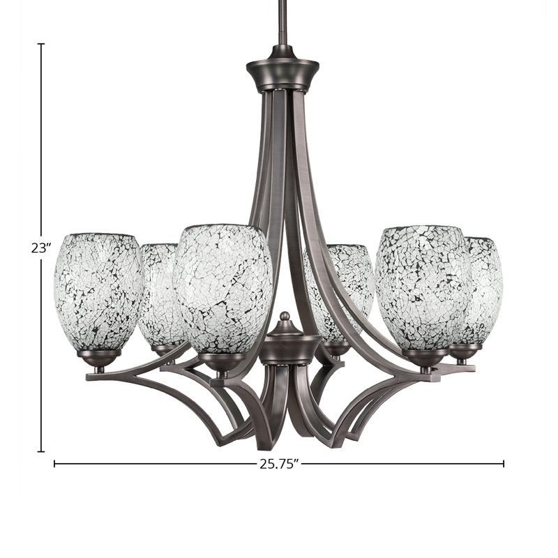 Zilo 6 Light Uplight Chandelier Shown In Graphite Finish With 5" Black Fusion Glass, Graphite, Black