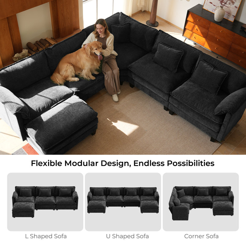 Modular Sectional Sofa, Comfy Cloud Couch With Movable Ottoman, Deep Seat Couch Sofa-Chenille-Black, Black