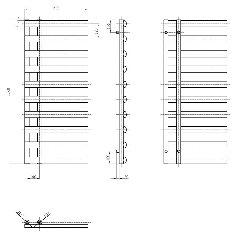 Flat Panel Towel Rail Heated Towel Rails, 1140mm H x 500mm W x 60mm D, Anthracite