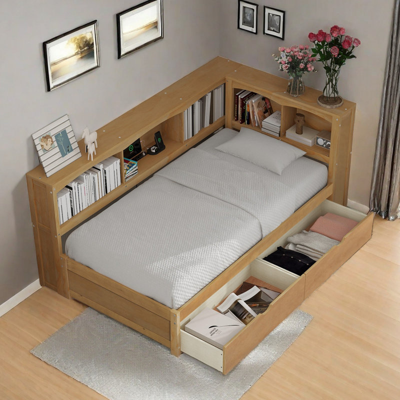 Lit de jour simple avec deux tiroirs de rangement, armoires de rangement et ports USB, Bois