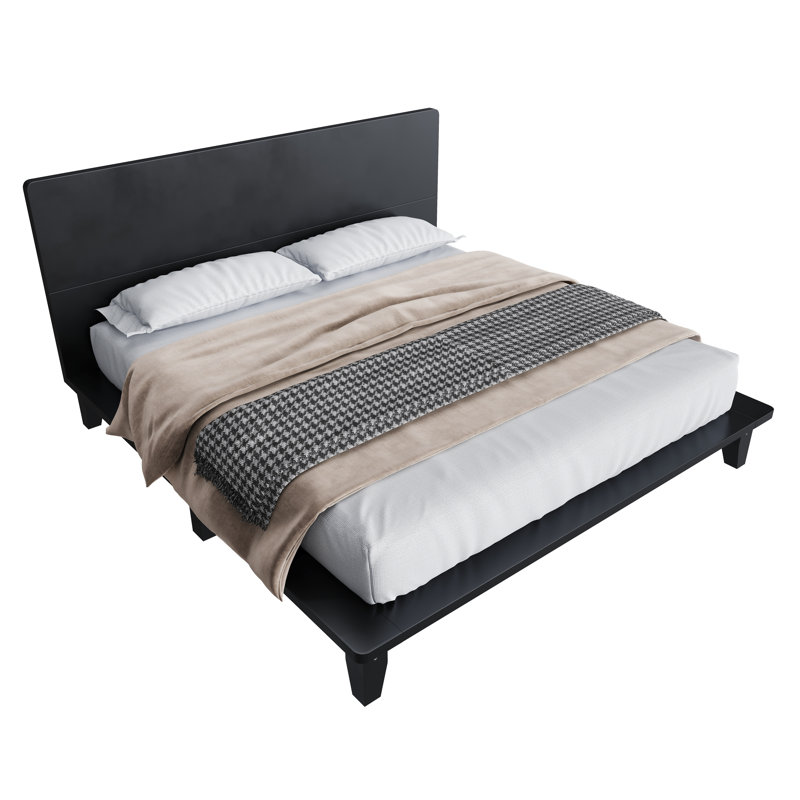 Base de lit plateforme Mid-Century avec tête de lit et support à lattes de bois - bois d'hévéa massif, mobilier de chambre moderne, grand, brun