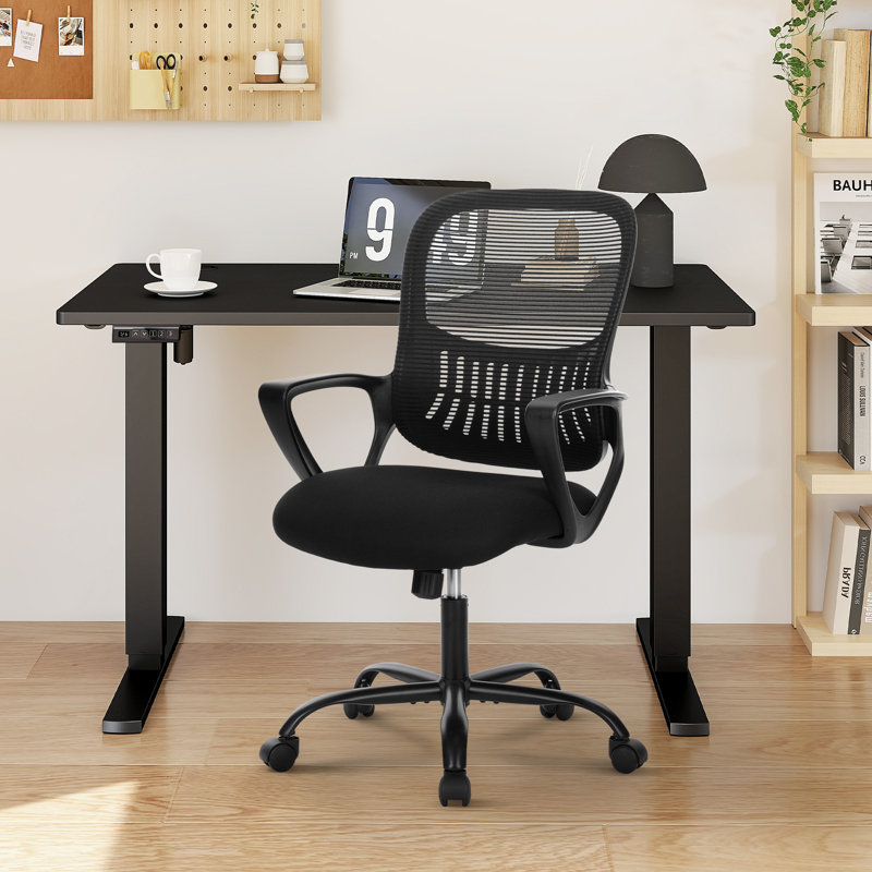 Home Office Desk and Chair Set, Modern Adjustable Standing Desk with Mesh Ergonomic Chair, Black/Black