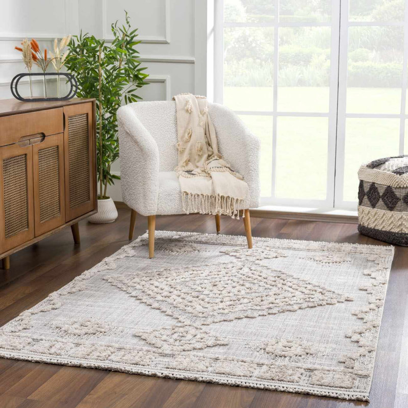 Tapis marocain en polyester tissé à la machine en gris, Rectangle 6 pi 7 po x 9 pi