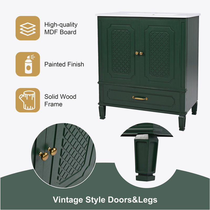 30" Bathroom Vanity with Sink Vintage Style, Multi-functional Storage Space, Door Shelf, Soft-closing Door, Dark Green