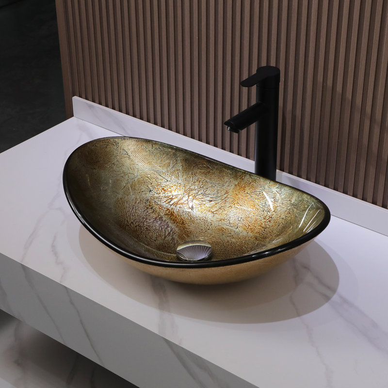 Glass Bathroom Sink 21.5"L x 14"W Oval Bathroom Sink Tempered Glass Bathroom Vessel Sink with Pop-up Drain, Antique Brass