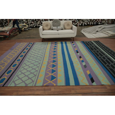 Modern Striped Kilim Area Rug 9x12 with Diverse Geometric Design
