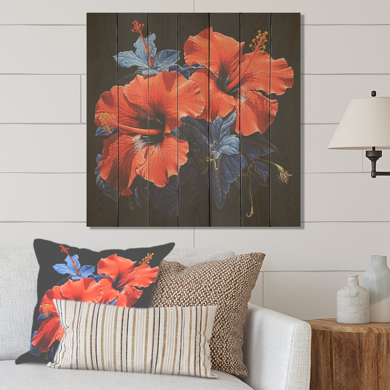 Hibiscus tropical rouge I - Hibiscus sur bois, H 30 po x l 30 po