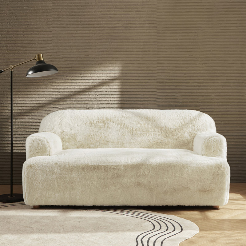 Heurich 71" Modern Curved Faux Fur Loveseat with Solid Wood Legs, Ivory