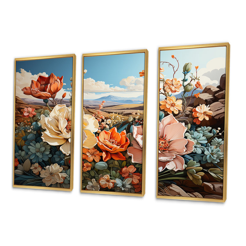 Ensemble d'art moderne sur toile Modern Cactus Country Charm, Cadre flottant doré, H 40 po x l 60 po x P 1 po