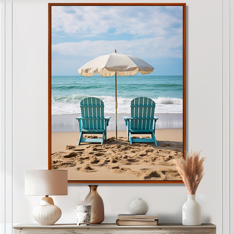 «Beach Chairs Scenery III - Coastal Beach», art mural sur toile, H 32 po x l 16 po x P 1 po, Cadre flottant brun