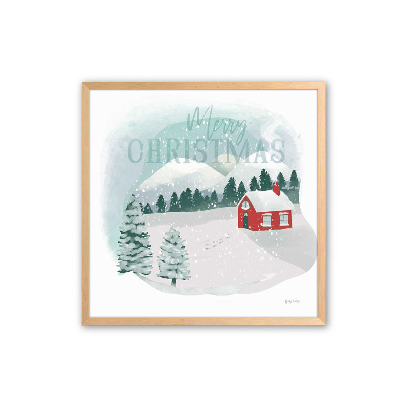 Imprimé chalet des Fêtes dans la neige, H 17,5 po x l 17,5 po, Cadre en érable brut, bois massif