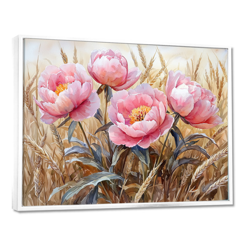 Pivoines dans le champ de blé III - pivoines, art mural, H 34 po x l 44 po, Cadre flottant, Blanc