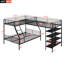 L-Shaped Twin over Full Bunk & Twin Loft Bed with 4 Built-In Shelves, Black Metal
