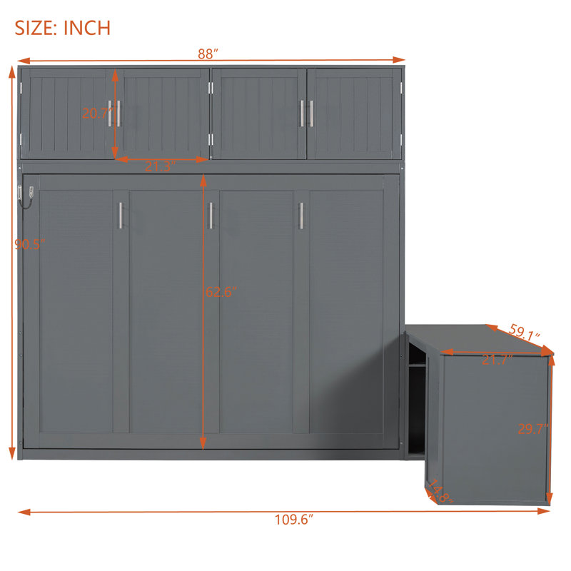 Grand lit escamotable mural grand format avec bureau, tablettes et armoires de rangement, gris compact