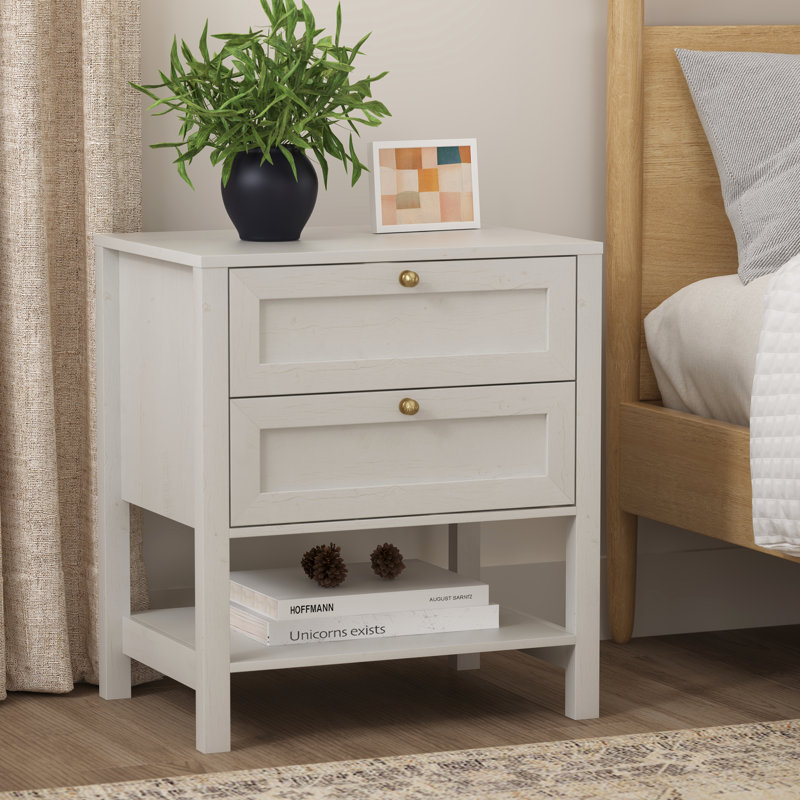 Wooden Nightstand With 2-Drawer And Shelf, Antique White